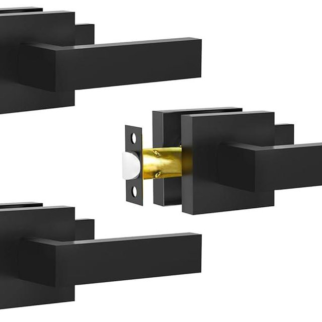 RAZCC Passage Door Lever, 3 Pack Matte Black Interior Door Handles for Hallway and Closet, Heavy Duty Square Interior Keyless Door Handles Non-Locking Door Knobs for Right & Left Side Door