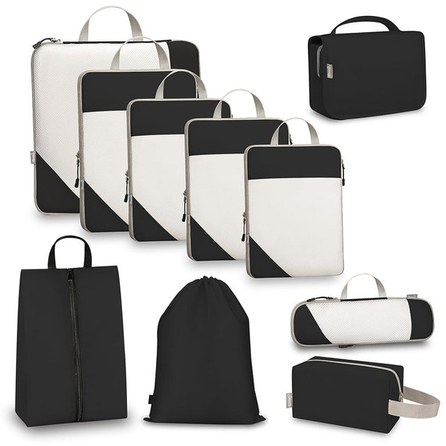 Sonnetto Compression Packing Cubes for Travel, Set of 10 Expandable Luggage Organizers with White Mesh, Lightweight Polyester Oxford Suitcase Essentials for Carry-on & Checked Luggage, Charcoal Black