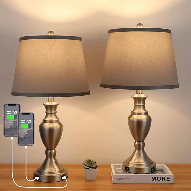 25" Set of 2 USB Table Lamps - Aooshine Bedroom Lamps Set of 2 for Living Room with USB Ports, Modern Nickel Finish Lamps with Bright Grey Drum Shade Decor for Nightstands Home Office Entryway