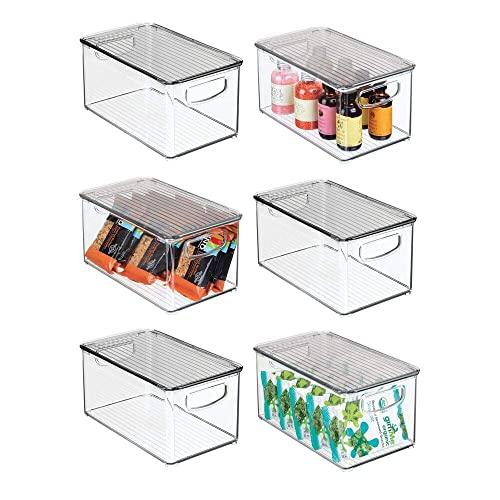 mDesign Plastic Stackable Kitchen Pantry Cabinet, Refrigerator, Freezer Food Storage Box with Handles, Lid - Organization for Fruit, Snacks, Pasta - 10" Long, 6 Pack - Clear/Smoke Gray