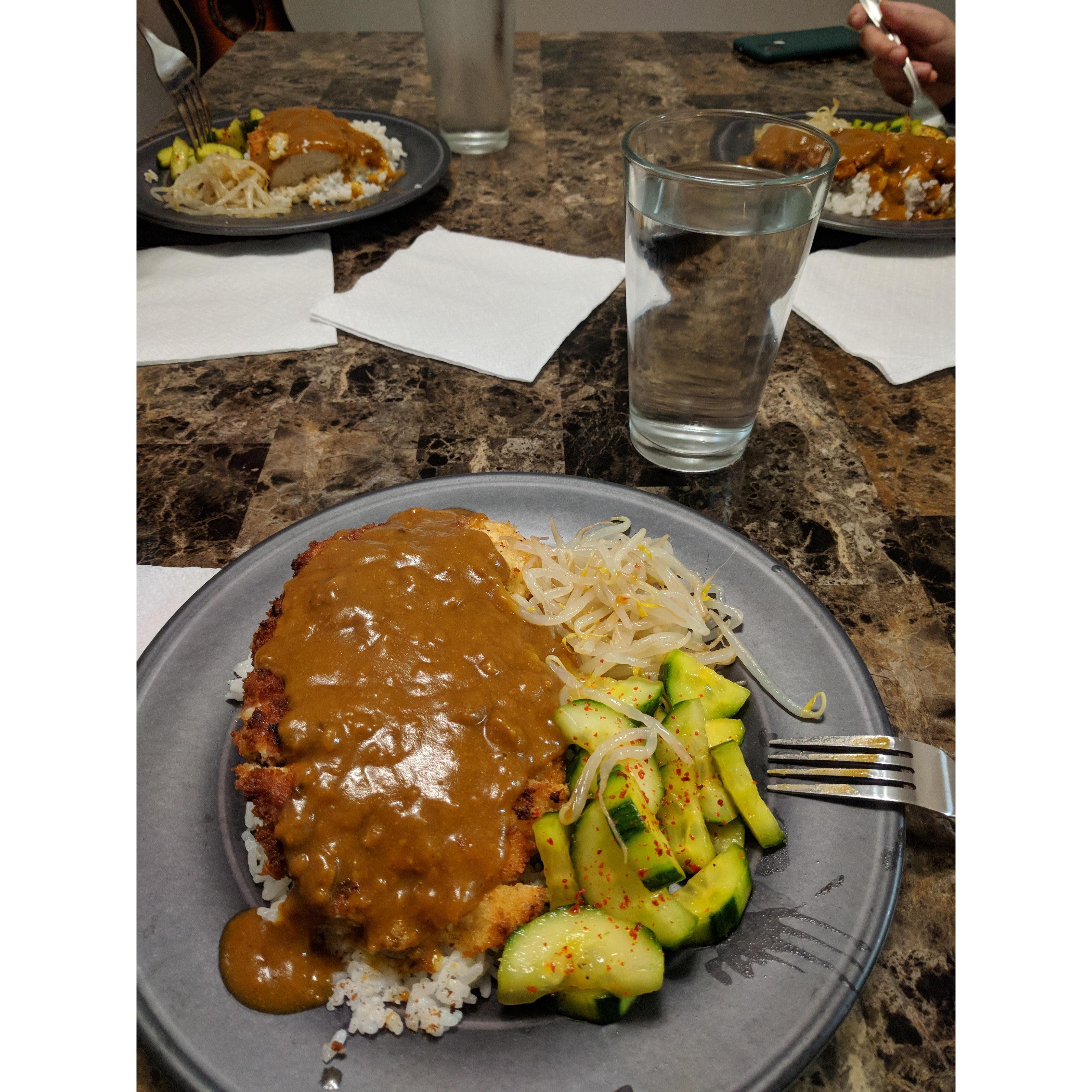 Jake speaks my love language. "Feed meeee!" Chicken Katsu Curry and Korean vegetables.🤤