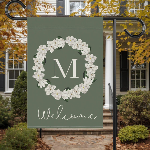 Personalized Magnolia Wreath Garden Flag: Custom Initial Welcome Decor