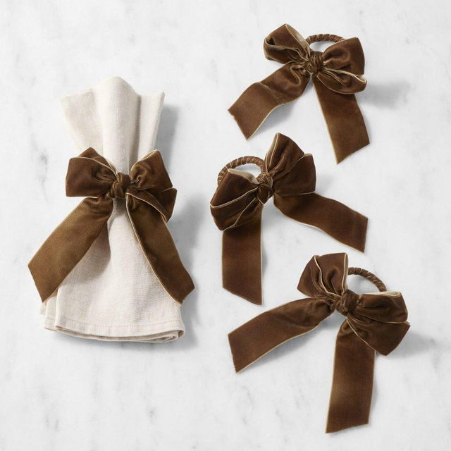 Velvted Bow Napkins Rings, Set of 4, Chocolate