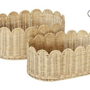 BEBE BASK Premium Scalloped Basket Set Of 2 - Scallop Basket - 16 x 10 x 7 Inch - Hand-Woven Elegant Wicker With Scalloped Edge - Nursery Storage (Natural)