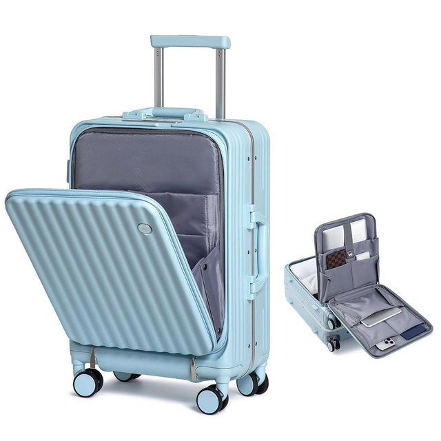 Somago Carry on Luggage Front Open 22x14x9 Airline Approved Lightweight Suitcase with Cup Holder and USB Port Aluminum Frame Polycarbonate Spinner Hard Suitcase with TSA Lock (Light Blue)