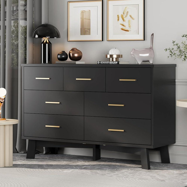 Dresser for Bedroom with 7 Drawer, Wood Modern Chest of Drawers with X-Shaped Sturdy Base, Wide Double Dresser Closet Clothes Storage Organizer, Wooden TV Stand for Living Room, Hallway, Black