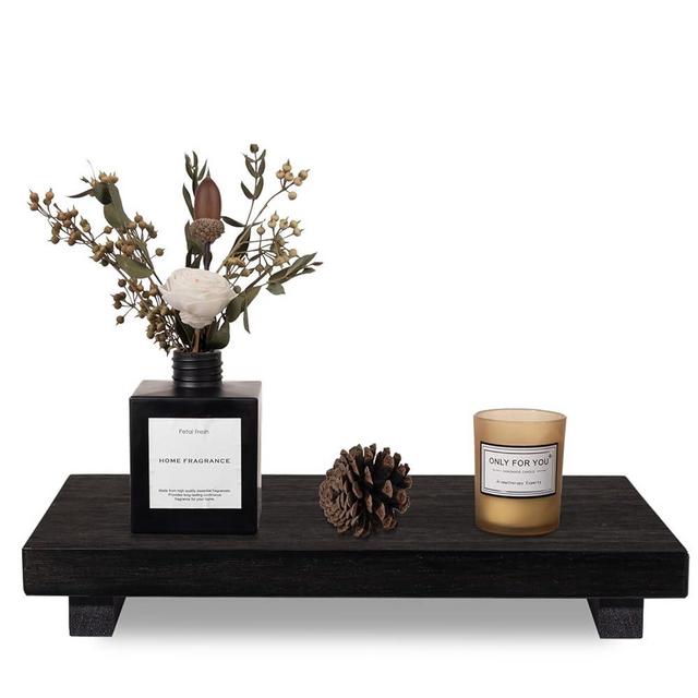Small Wood Tray Pedestal Stand Farmhouse Bathroom Decor Decorative Wooden Riser Kitchen Soap Dish Holder for Vanity, Counter, Sink, Large 11.8" x 7" - Black