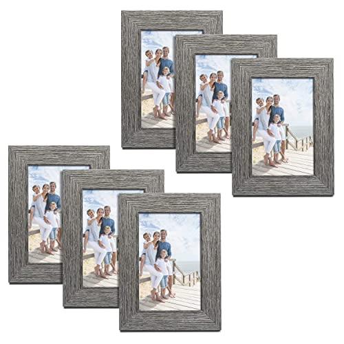 TWING Rustic Picture Frames 4x6 Distressed Wood Pattern High Definition Plexiglass Photos Frame for Table Top and Wall Display 6 Pack Grey