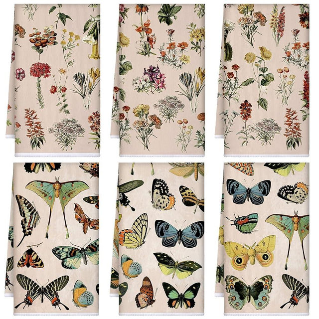 Boyiee Set of 6 Vintage Wildflower Butterfly Kitchen Towels Floral Tea Towels Absorbent Plant Dish Towels 24 x 16 Inches Kitchen Gifts Butterfly Hand Towels for Farmhouse Kitchen Bathroom Decorations
