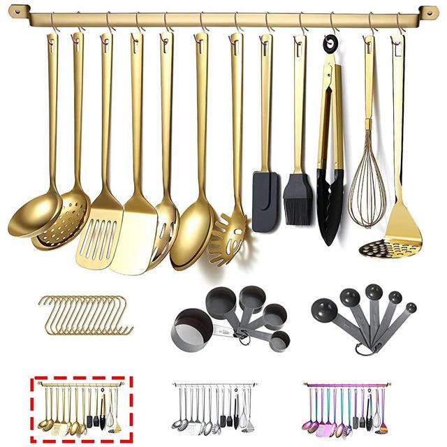 Gold Cooking Utensils Set, Kyraton Stainless Steel 37 Pieces Kitchen Utensils Set with Titanium Gold Plating, Kitchen Gadgets Tool Set with Utensils Racks Heat Resistant Dishwasher Safe