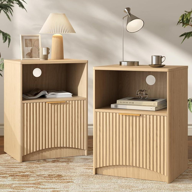 Fluted Nightstands Set of 2, Natural Oak Night Stand, Mid Century Modern Bedside Table with Drawer & Open Shelf, End Tables for Bedroom, Curved Profile Design Side Tables for Living Room
