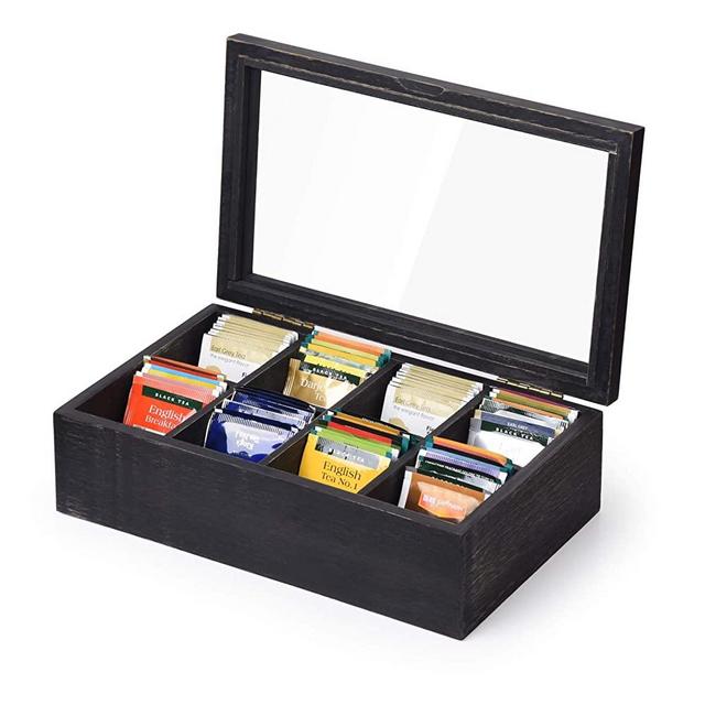 Alsonerbay Wooden Tea Box Tea Bag Holder Kitchen Storage Chest Box for Spice Pouches and Sugar Packets with 8 Compartments and Glass Window Weathered Black