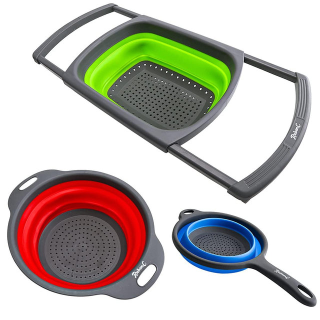 RubonC Collapsible Colanders - Set of 3, Adjustable Over the Sink Silicone Foldable Round Fruits, Vegetable, Food Draining Colorful Baskets and Pasta Strainer with Handle for Kitchen - 6/4/2 Quarts
