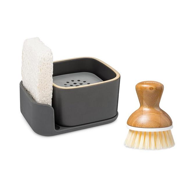 Full Circle Bubble Up Combo - Elegant Gray Ceramic Soap Dish with Eco Sponge & Bamboo-Handled Dish Brush - Versatile Natural Kitchen Cleaning Set Tool for Pots, Pans, Counter & Sink, Gray