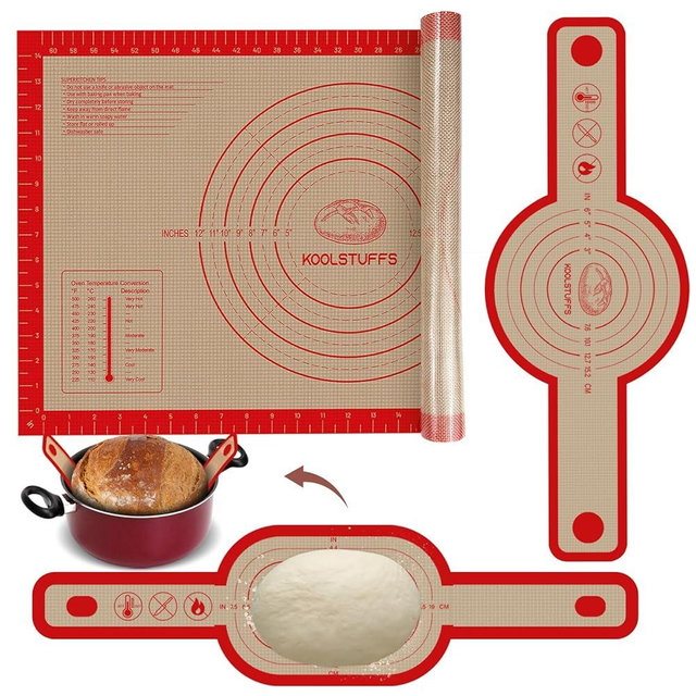 Silicone Bread Sling and Pastry Mat, 3 PCS Non-Stick & Easy Clean Reusable Silicone Bread Baking Mat with Long Handles, Easy to Transfer Sourdough Bread (Pastry Mat＆Oval and Round Bread Sling, Red)