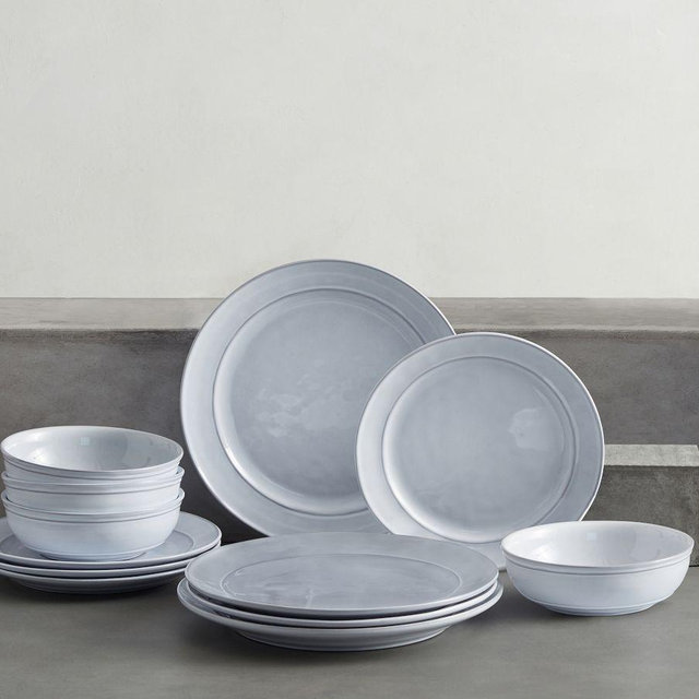 Cambria Recycled Stoneware 12-Piece Dinnerware Set, 10 3/4" Dinner Plate with Soup Bowl - Fog