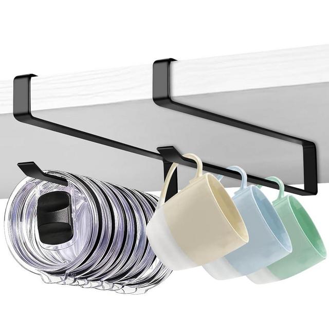 Mecyfaty Coffee Mug Holder, 2 Pack Tumbler Lid Organizer for Yeti Lids Holder, Mug Hanger Under Cabinets,Space Saving Cup/Mug Rack Holds Up to 12 Lids,Water Bottle Lid Organizer for Kitchen Storage