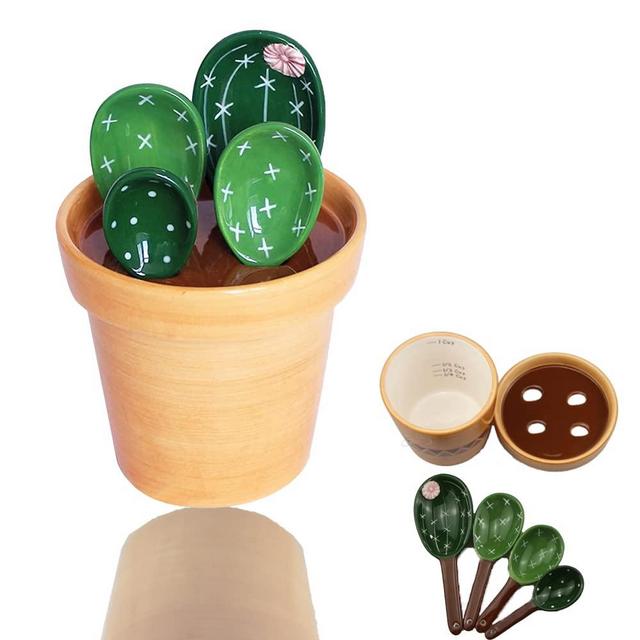 Cactus Measuring Spoons Set in Pot, Measuring Spoons Set with Base, Cactus Measuring Spoons Ceramic for Baking, Salt, Sugar (1 Color)