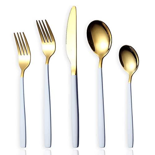 HOMQUEN 20-Piece Silverware Flatware Cutlery Set,Stainless Steel Utensils Service Set for 4,Mirror Finish,Dishwasher Safe (Shining Golden Spoon and Matt White Handle)