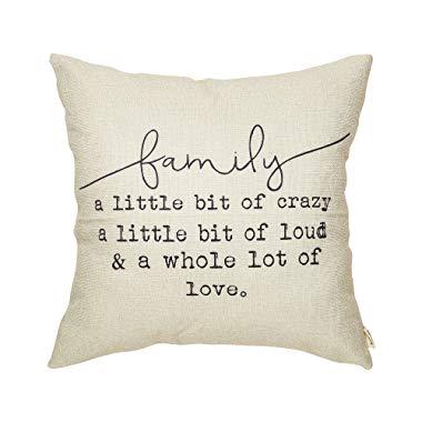 Fjfz Family a Little Bit of Crazy a Little Bit of Loud and a Whole lot of Love Rustic Decoration Farmhouse Décor Cotton Linen Home Decorative Throw Pillow Case Cushion Cover for Sofa Couch, 18" x 18"