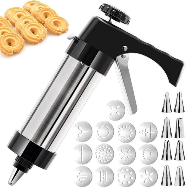 Hendiy Cookie Press, Cookie Press Gun Kit Stainless Steel Spritz Cookie Press Set with 13 Cookie Discs and 8 Piping Tips, Cookie Press for Baking for Cookie Maker and Cake Icing