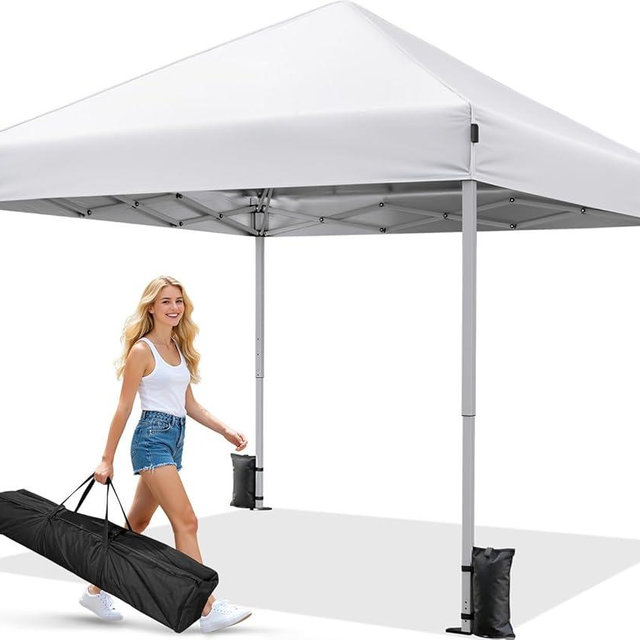 Driftalia 10x10 Pop Up Canopy Tent, Instant Setup Portable Canopy with Carry Bag, 4 Sandbags and 8 Stakes for Outdoor Events, Parties & Camping - White