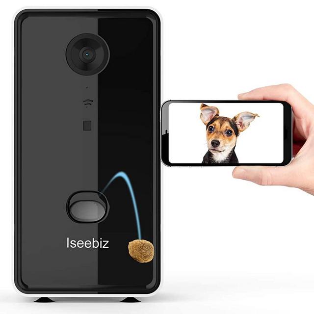 Iseebiz Dog Camera Treat Dispenser, Smart Dog Cat Camera, 2-Way Audio, 720P Night Vision Camera, App Remote Control(Android/iOS) Tossing, 2.4G WiFi Enabled, Compatible with Alexa, Check Your Fur Kids