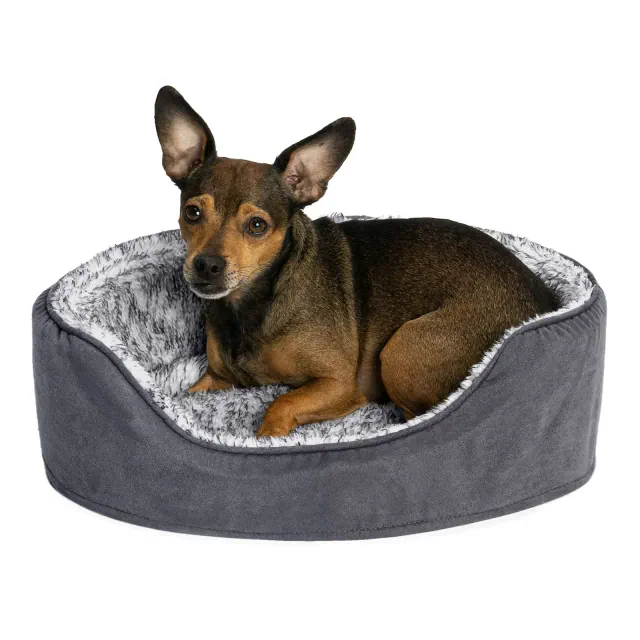 FurHaven Two-Tone Faux Fur & Suede Oval Pet Bed for Dogs & Cats - Small, Gray