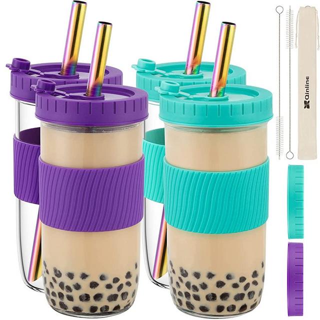 Reusable Boba Cup Bubble Tea Cup 4 Pack, 24Oz Wide Mouth Smoothie Cups with Lid, Silicone Sleeve & Angled Wide Straws, Leakproof Glass Mason Jars Drinking Water Bottle Travel Tumbler for Large Pearl