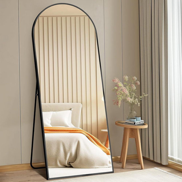 DUMOS 65"x24" Arched Full Length Mirror with Stand, Floor Standing Aluminum Frame, Shatter-Proof Nano Glass for Bedroom, Living Room, Cloakroom – Modern Simple Home Decor,Hanging or Leaning,Black