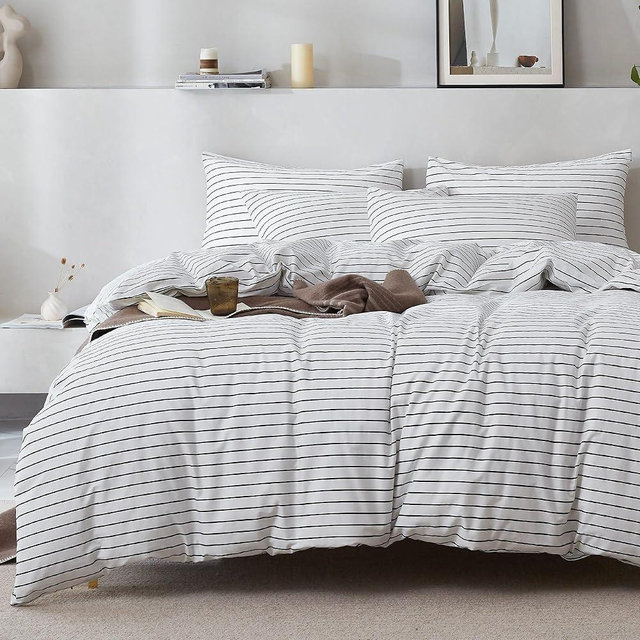 JELLYMONI 100% Natural Cotton 3pcs Striped Duvet Cover Sets, White Duvet Cover with Thin Black Stripes Pattern Printed Comforter Cover, with Zipper Closure & Corner Ties(Queen Size)