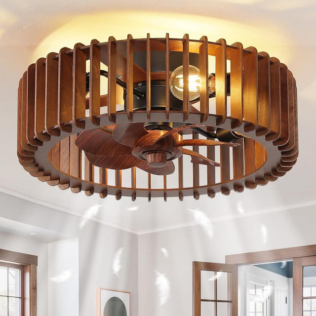 mnikopE 20'' Flush Mount Caged Ceiling Fan with Light, Wooden Low Profile Ceiling Fan with Light and Remote, 6 Speed and Reversible, Farmhouse Bladeless Fan Lights for Bedroom, Kitchen