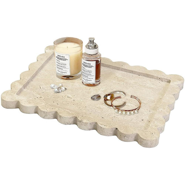 Marble Tray 100% Marble Vanity Trays for Bathroom 12" x 9", Scalloped Tray, Marble Tray for Kitchen Counter, Bathroom (Beige Travertine)