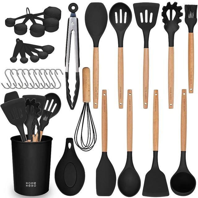 33-Pcs Kitchen Utensils Set - Silicone Cooking Utensils Set - First Home Essentials Utensil Sets - Silicone Kitchen Ladles - Household Essentials - Kitchen Accessories for Nonstick Cookware - Black