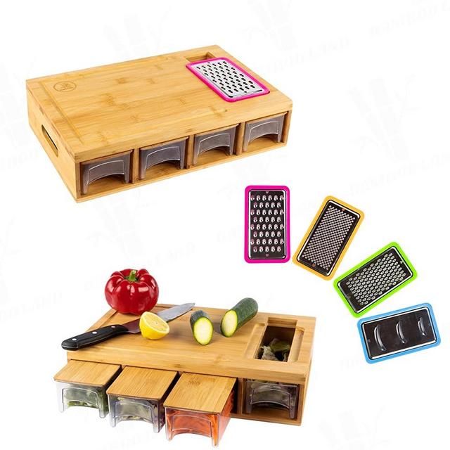 Large bamboo cutting board with trays/drawers/container and bamboo lids, Chopping board with juice grooves, handles & food sliding opening, cutting board with 4 trays for easy food prep and cleanup