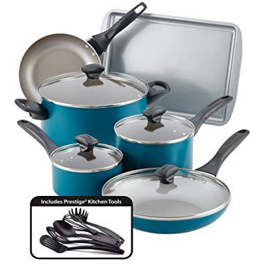 Farberware 20361 Dishwasher Safe Nonstick Cookware Pots and Pans Set, 15 Piece, Teal