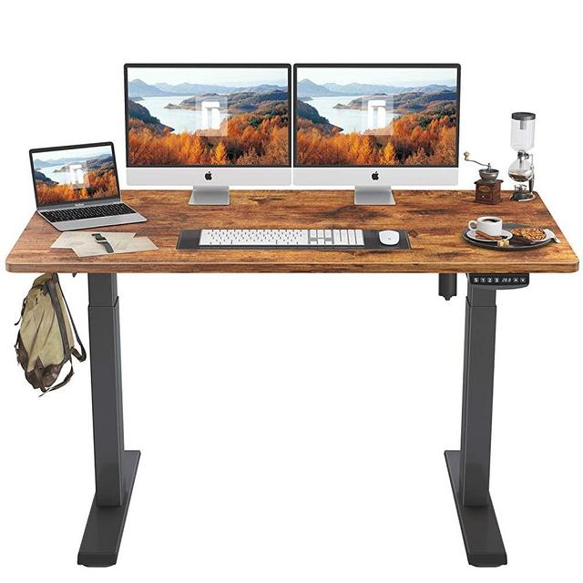 FEZIBO Height Adjustable Electric Standing Desk, 55 x 24 Inches Stand up Table, Sit Stand Home Office Desk with Splice Board, Black Frame/Rustic Brown Top