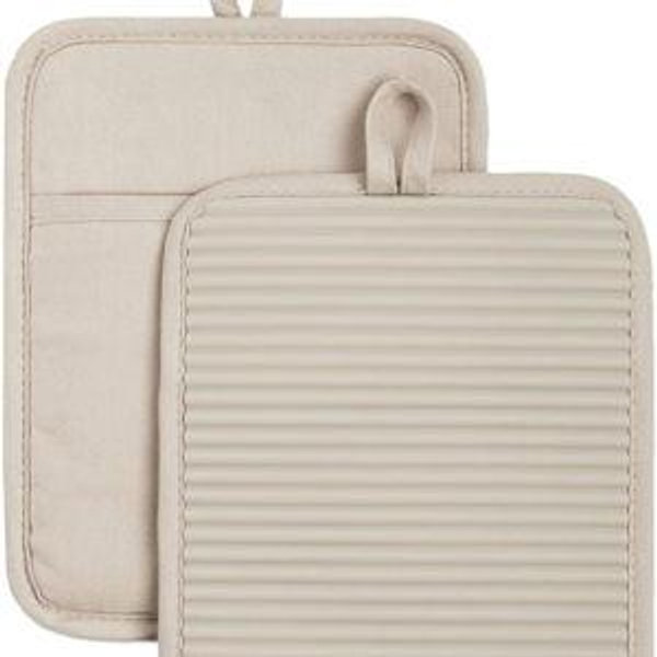 KitchenAid Ribbed Soft Silicone Pot Holder 2-Pack Set, Milkshake Tan, 7"x9"