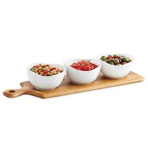 B. Smith 4-Piece Wooden Paddle Board and Ceramic Bowl Serving Set