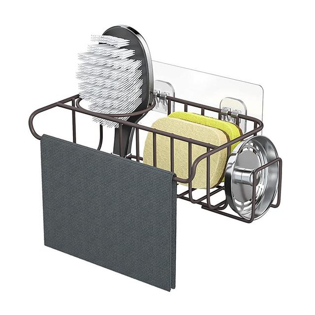 HapiRm 4 in 1 Sponge Holder kitchen Sink Caddy, SUS304 Stainless Steel Sink Basket Brush Holder + Dish Cloth Hanger + Soap Rack + Sink Stopper Holder with 2 Installation Ways, No Drilling, Bronze