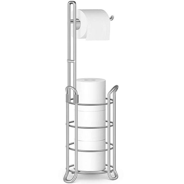 TomCare Toilet Paper Holder Toilet Paper Stand Free-Standing Toilet Tissue Paper Roll Bathroom Storage Shelf and Dispenser for 3 Spare Rolls Metal Wire Bathroom Accessories Storage Organizer Silver