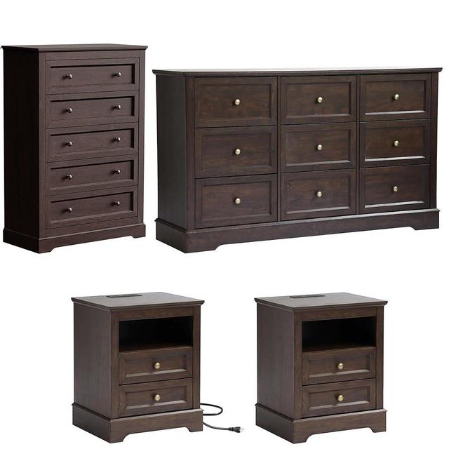 LOUVIXA Farmhouse Bedroom Sets of 4, 4Pcs Farmhouse Dresser Set，Including 9 Drawer Dresser, 5 Drawer Dressers and Nightstand Set of 2 with Charging Station (Brown Sets, 4 Pieces)