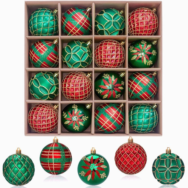 3.15'' Red Green and Gold Christmas Ball Ornaments Set,16 Pcs Luxury Plaid Hand-Painted Ornament Bulk, Shatterproof Classic Xmas Tree Decorations for Party, Wreath, Winter Holiday
