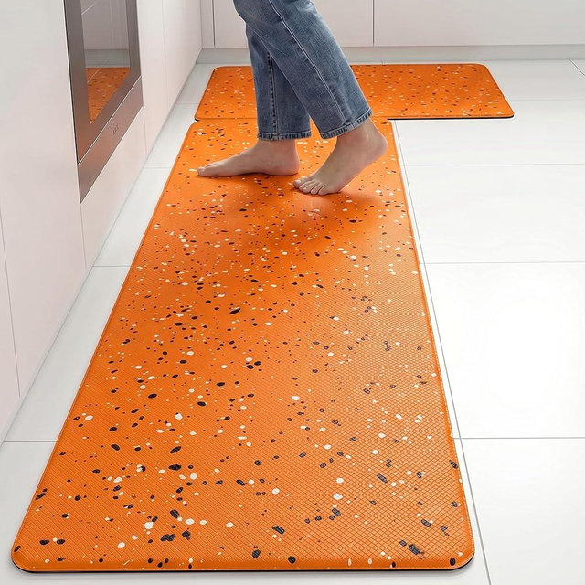 Boho Orange Terrazzo Speckled Design Kitchen Rug Sets [2 PCs], Anti-Fatigue, Waterproof Non-Slip Kitchen Mats Heavy Duty Ergonomic Comfort Foam Leather-Like Rug for Floor, Laundry,17"x29"+17"x47"