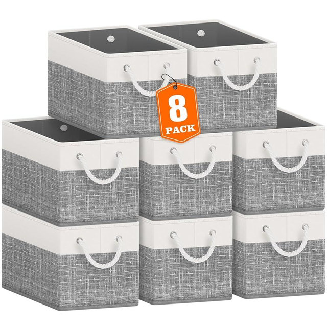 Fab totes Storage Bins [8-Pack], Foldable Storage Baskets for Organizing Toys, Books, Shelves, Closet, Large Storage Box with Rope Handles, Sturdy Organizer Bins, White & Grey