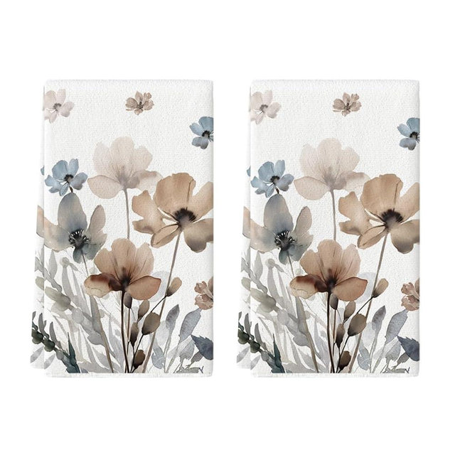 Artoid Mode Brown Poppy Floral Leaves Spring Kitchen Towels Dish Towels, 18x26 Inch Seasonal Summer Decoration Hand Towels Set of 2