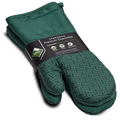 XLNT Extra Long Green Oven Mitts, Water and Heat Resistant, Teflon Eco Elite Coating with Cotton Lining, Silicone Non Slip Texture, Hanging Loop, Great for Home Baker Or Commercial Chef Use