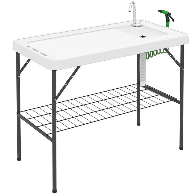 Outsunny Folding Fish Cleaning Table, Portable Camping Sink Station with Faucet, Drainage Hose, Sprayer, Grid Rack and Knife Groove, Outdoor Fillet Table for Picnic Beach Patio, White