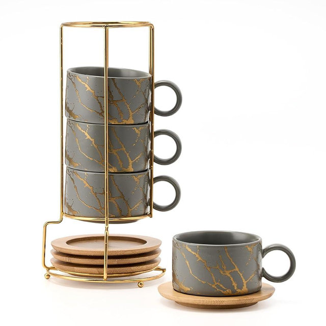 LUKA 6 Ounce Porcelain Stackable Espresso Cups with Saucers and Metal Stand Set of 4, Ceramic Cappuccino Cups Set for Specialty Coffee Drinks, Latte, Cafe Mocha and Tea, Gray