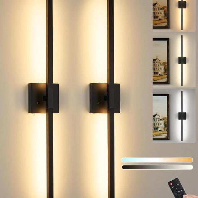 Rayogale Battery Operated Wall Sconce Set of 2, 3000K-6000K Dimmable Rechargeable Wireless Wall Sconces with Remote Control, Modern LED Wall Light with Timer Function for Living Room, 24 Inch Black